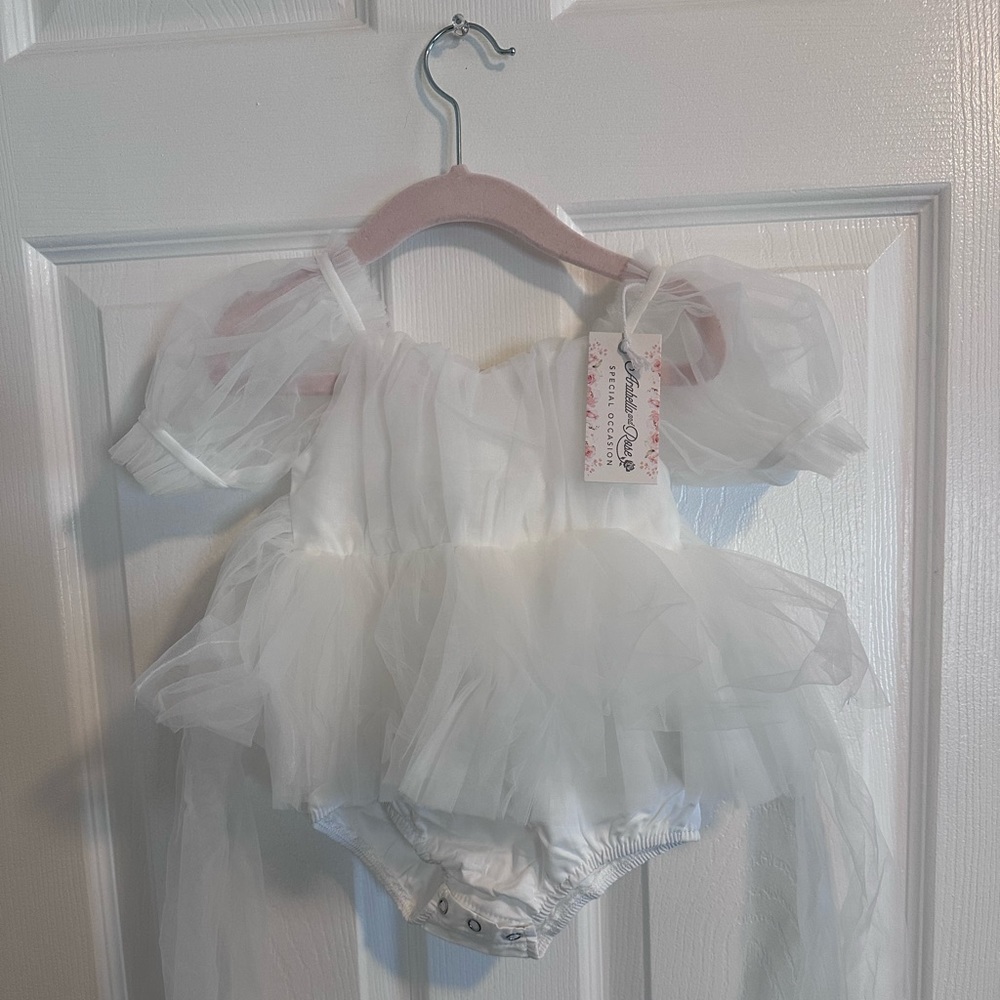 Baby girl baptism flower girl white special occasion romper dress Arabella Rose.